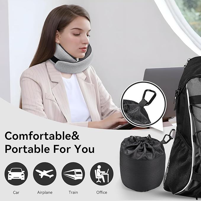 Travel Neck Pillow for Airplanes, Premium Memory Foam Neck Pillow with Ergonomic 360° Support, Travel Essentials for Plane, Car, Train and Home, Gray