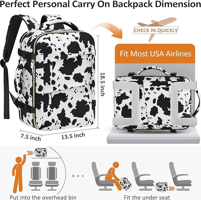 Large Travel Backpack for Women Personal Item for Airlines17 Inch Laptop Backpack College Business Work Weekender Hiking Womens Travel Backpack Cow Print