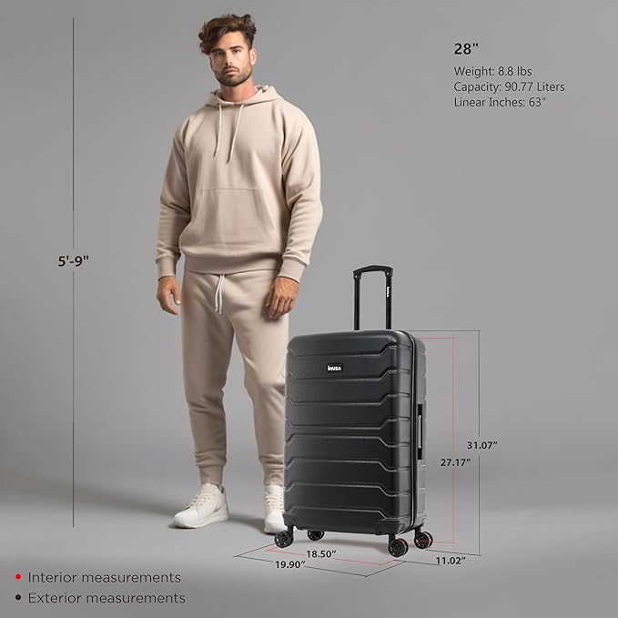 InUSA TREND Luggage with Spinner Wheels | Durable Lightweight Hardside Suitcase, Travel bag with Handle and Trolley, 28-Inch Large Checked luggage | Black