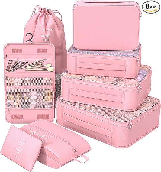 8 Set Packing Cubes for Travel,Suitcase Organizer Bags for Luggage with Shoe & Hanging Toiletry Bag, Vacation Essentials & Accessories for Cruise Ship, Airplane Must-Have,Road Trip & Camp Gifts(Pink)