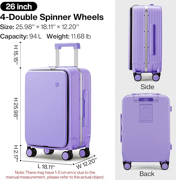 mixi Large Checked Luggage with Cup Phone Holder and Charger Hard Shell Suitcases with Spinner Wheels, 26 Inch Lilac Purple