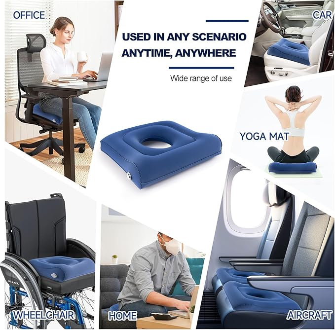 Multifunctional Seat Cushion,Inflatable Head Pillow,Adjustable Donut Pillow,Portable Backrest Cushion:Pressure Relief for Hemorrhoid, Tailbone Pain,Bed Sore,17.5"x17"x3.1"(Blue)
