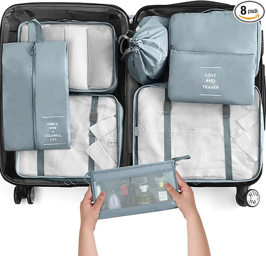 KPX 8 Set Packing Cubes for Travel, Luggage Packing Organizers Accessories Large Toiletries Bag for Clothes Shoes Cosmetics (Grey)