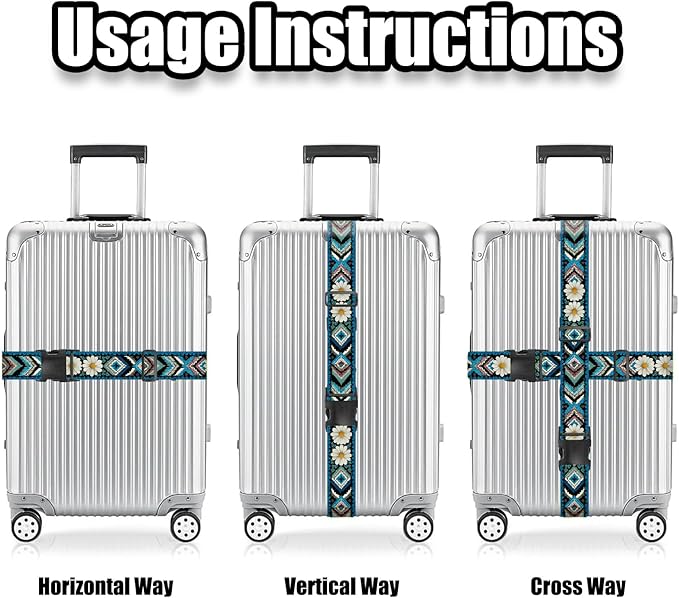 Nuxovilar Luggage Straps of 2 Set Ethnic Style & Daisies Pattern, 1.96x90.5 inches - Luggage Straps for Suitcases, Great for Cultural Trips, Outdoor Events, Daily Travel