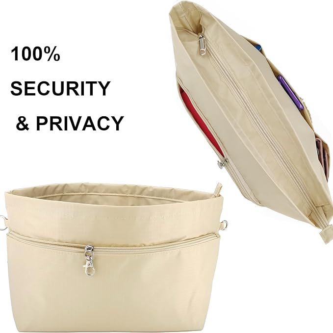 Time Wing Handbag Tote Purse Organizer Insert Bag Liner Shaper Divider Zipper 11 Pockets Compartments Small Beige