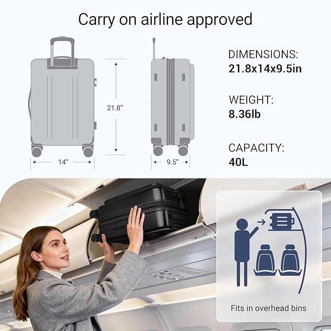 Carry On Luggage with Top Opening, Expandable with Front Pocket and USB Charging Port, Lightweight with Front Compartment Rolling Suitcases with Spinner Wheels (Black, 20 Inch)