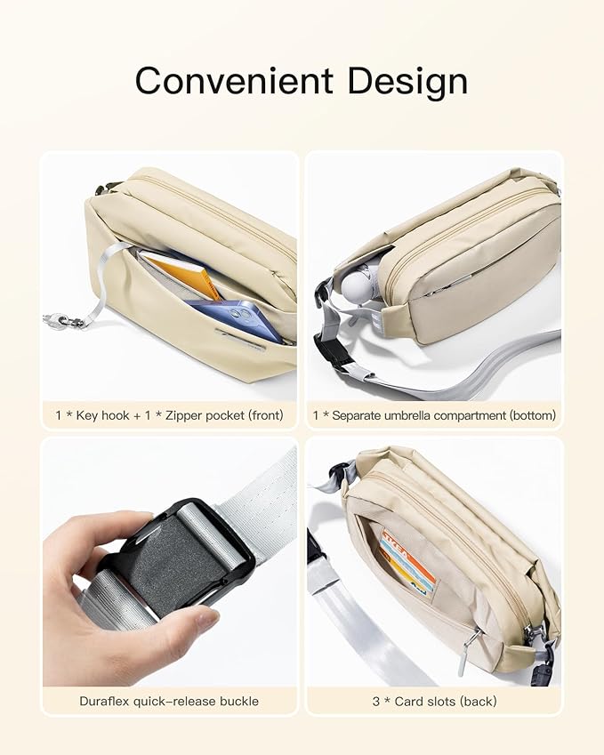 Inateck Sling Bag X, Multi-pocket Crossbody Shoulder Chest Bag with Adjustable Shoulder Strap, Water-resistant Waist Fanny Pack for Men, Women, Travel, Daily Use, Cycling, Hiking, Beige, Large
