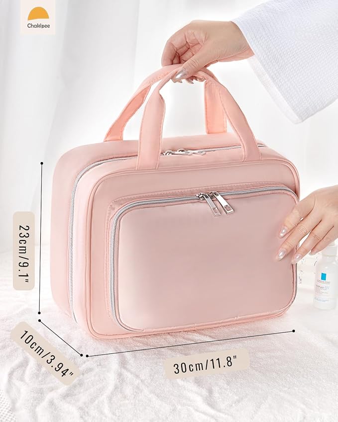 Travel Hanging Toiletry Bag for Women - Waterproof Cosmetic Organizer with Clear Window, Lightweight Bathroom Bags for Essentials, Makeup, Shampoo, Toiletries Pink,Large