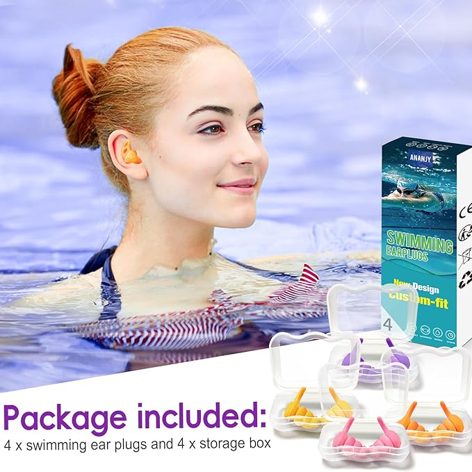 Waterproof Swimming Ear Plugs for Adults - 4 Pairs of Reusable Soft Silicone Swim Earplugs,Perfect for Surfing, Diving,Pool,Showering and Other Water Sports - Keep Water Out and Ear Protection