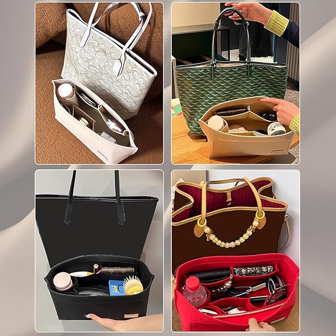 Purse Organizer Insert Compatible with Neverfull GM and More, Felt Zipper Bag Insert Liner with Base Shaper for Women Tote Handbags, Beige, XL