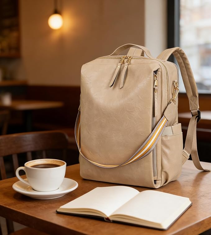 myfriday PU Leather Large Backpack Purse for Women Casual Travel Backpack Convertible Satchel Handbags With Luggage Strap (Biege)