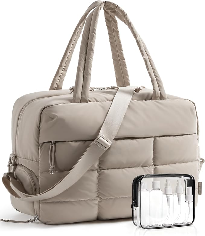BAGSMART Gym Bag for Women, Carry on Travel Duffel Bag, Water-resistant Weekender with Shoe Compartment for Gym Travel Work, Khaki, Large