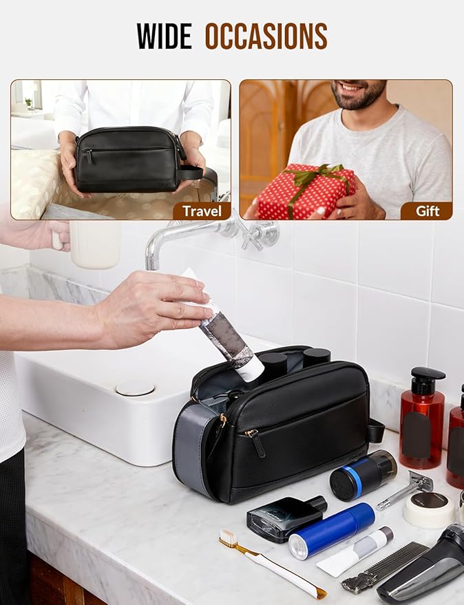PU Leather Toiletry Bag for Men - Water Resistant Travel Bag for Toiletries, Bathroom Essentials, Accessories - Black