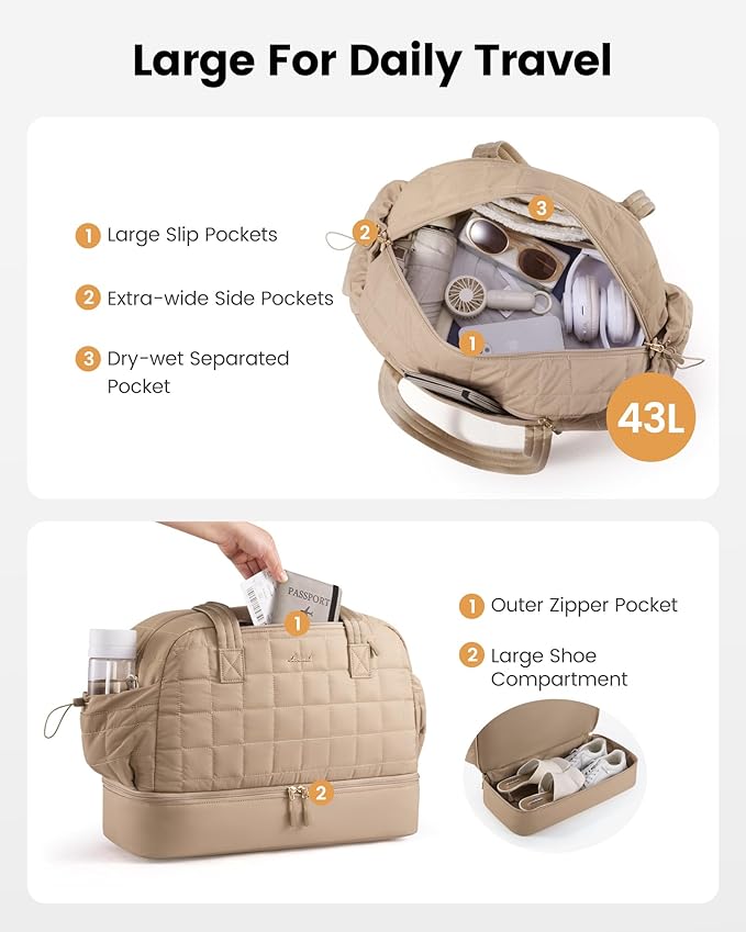 LOVEVOOK Large Travel Duffle Bag,Weekender Bags For Women with Shoe Compartment,Puffer Carry On Bags For Airplanes,Hospital Bag for Labor and Delivery,Overnight Bag With Toiletry Bag,Gym Tote Bag