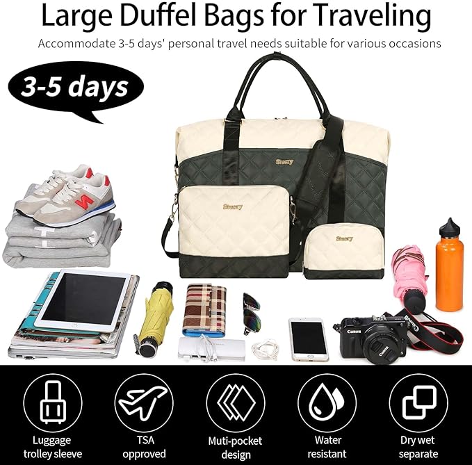 Weekender Bag, Large Travel Duffel Bag for Women, Carry on Overnight Bag with Shoe Compartment and Toiletry Bags