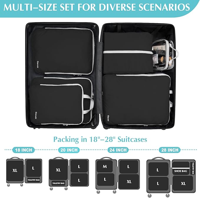 Gonex Compression Packing Cubes, 6pcs Expandable Storage Travel Luggage Bags Organizers with Shoe Bag, Clear Toiletry Bag (Black)