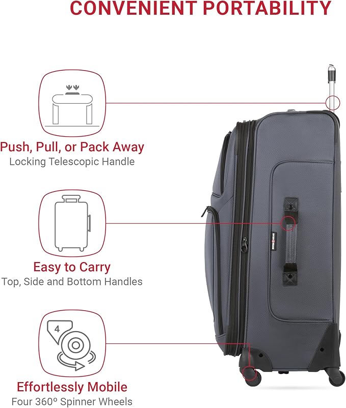 SWISSGEAR Sion Softside Expandable Spinner Luggage Durable Lightweight Travel Suitcase, Dark Grey, Checked-Large 29-Inch