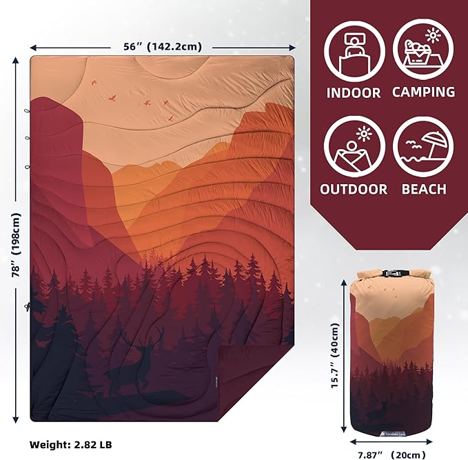 Camping Blanket Puffy - Outdoor Stadium Blanket Wearable, Lightweight, Packable, Machine Washable Camping Quilt for Traveling, Picnic, Beach, Party 78"x 56" (Sunset Mountain Scenery)