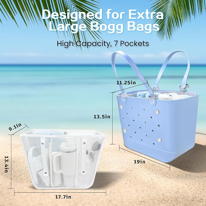 XYFuuee Beach Bag Organizer Insert for XL Simple Modern Bag Accessories with 8 Removable Metal Fasteners, Extra Large Lightweight Mesh Inserts Divider Pouch, Organizing Rubber Tote, Save Space, White