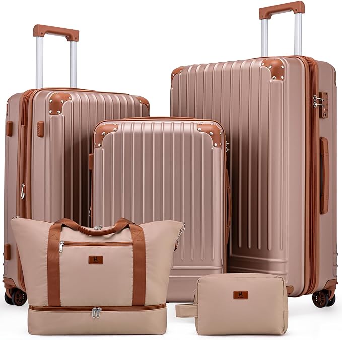 KUNEL Expandable 5 Piece Luggage Sets with Detachable Spinner Wheels and TSA Lock, Unisex Hardside ABS Suitcase Set, Hardshell Lightweight Waterproof Travel Hard Case Suitcases with Wheels, RoseGold