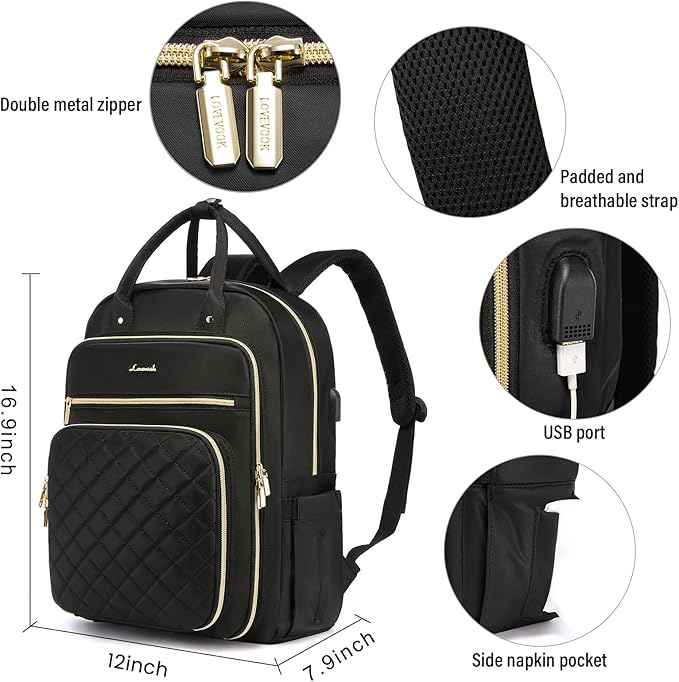 LOVEVOOK Laptop Backpack for Women, Water Resistant Travel Work Black Backpacks Purse Business Teacher Nurse Computer Bag with USB Charging Port, Fits 15.6" Laptop