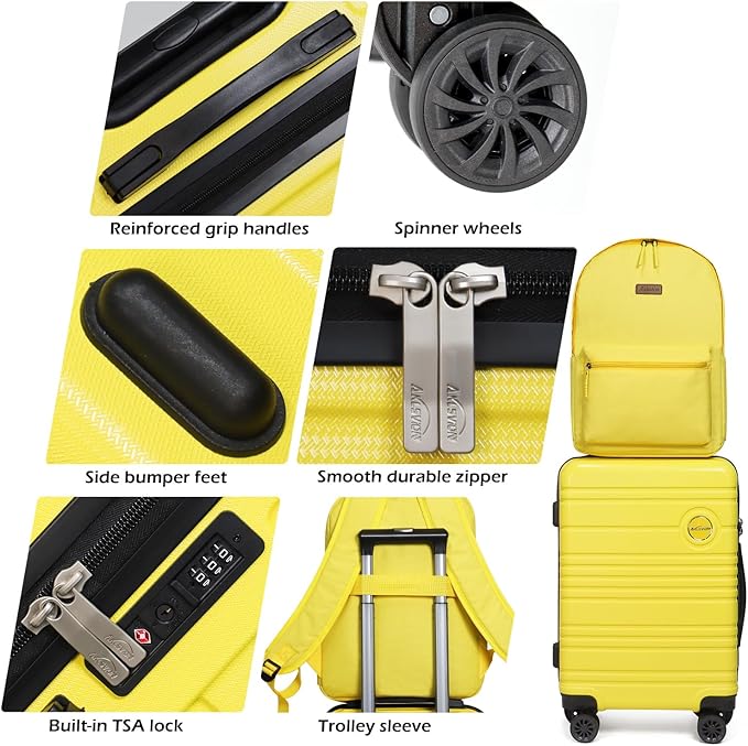 ABS+PC Carry on Luggage set with backpack 3 Pcs suitcace with Spinner wheels TSA Lock 20-In hardshell Lightweight Luggage set(Yellow)