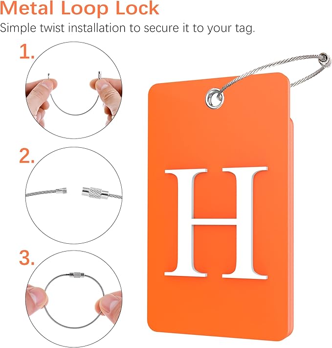 Gostwo 2 Pack Luggage Tags for Suitcases, 26 Initial Letter Travel Luggage Baggage Identification Labels ID Tag Fully Bendable Tags with Stainless Steel Loop (Orange) (Letter H)