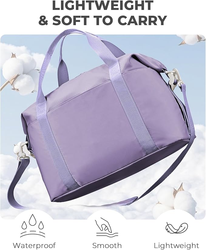 Percover Weekender Travel Duffel Bag for Women, Lightweight Soft-Structure 33L Carry-On, Water-Resistant Nylon with Shoulder Strap & Trolley Sleeve, Personal Item Friendly, Lavender Purple