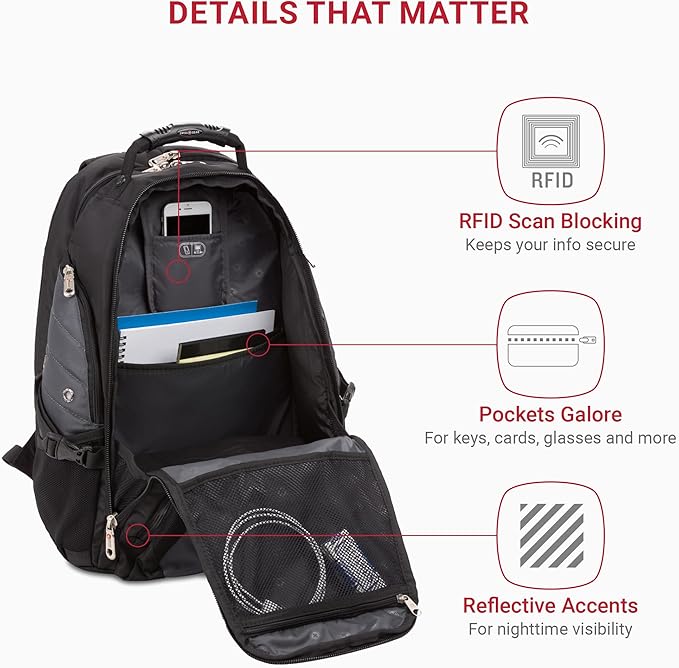 SWISSGEAR 1900 ScanSmart TSA Laptop Backpack Fits 17 Inch Laptop with RFID Protection and Tablet Pocket, Grey/Black, 19-Inch