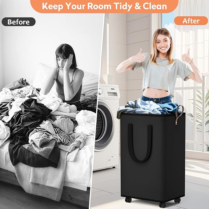 Laundry Basket with Wheels, Collapsible Laundry Baskets, Laundry Hamper with Handles Detachable Wheels, Rolling Laundry Basket, Dirty Clothes Hamper for Bathroom, Dorm, Bedroom, Black, 80L