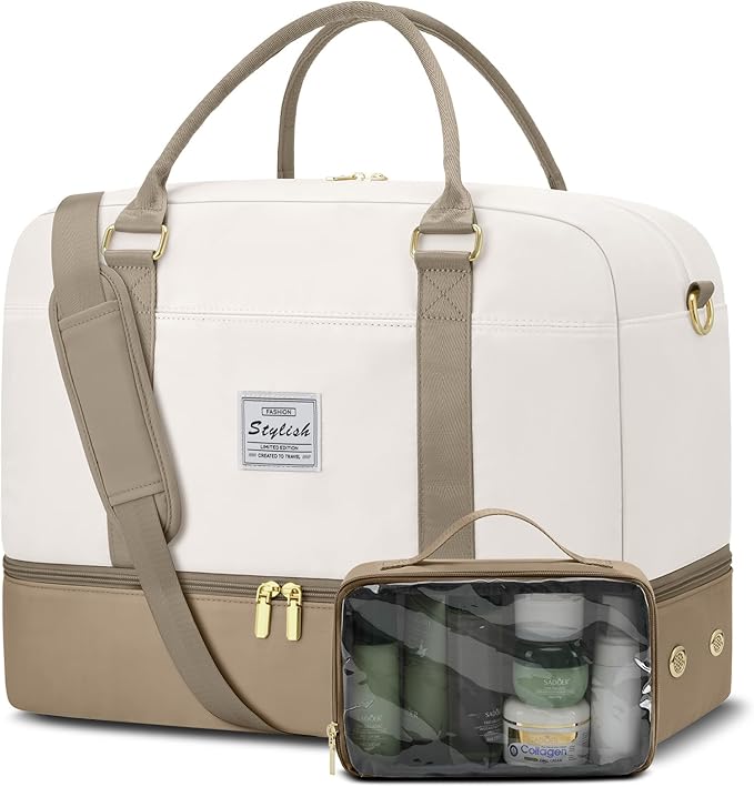 Weekender Travel Duffle Bag for Women: Overnight Bags with Shoe Compartment Carry on Bags for Airplanes with Toiletry Bag Yoga Gym Bag with Wet Pocket Travel Duffel Tote Bag Hospital Bag Khaki Beige