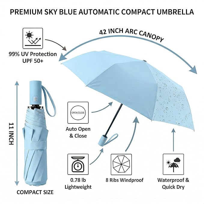 BAODINI Small UV Protection Travel Umbrella Compact for Rain and Sun UPF 50+ Windproof Portable 42 inch Umbrella for Women and Men
