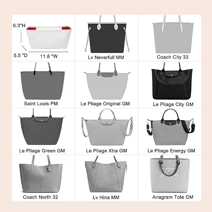 Doxo Purse Organizer Insert,Tote Bag Insert for Lv Neverfull MM,Longchamp Le-pliage L and More,Ultra Lightweight Bag Organizer Insert with Cover(Large,White-red)
