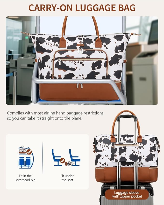 Weekender Bags for Women, Travel Duffle Bag Carry On Overnight Bag with Cosmetics Bag and Crossbody Purse for Gym Hospital, Gifts for Women, Cow Print Brown