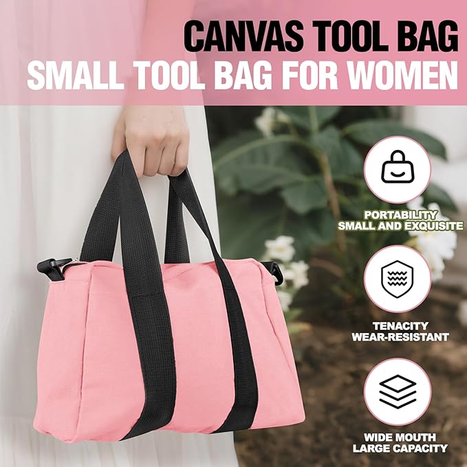 Small Tool Bag, Canvas Tool Storage Bag, Large Capacity Multipurpose Zipper Soft Tote Organizer Pouch for Electrician, Plumbing, Gardening,Tools Bags for Men (Pink, 20 Inch)