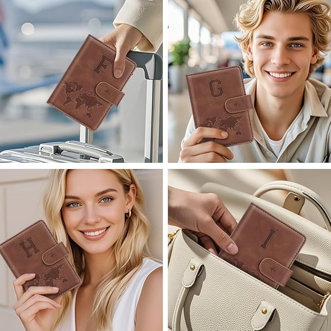 Passport Holder Wallet Cover Personalized Letter A-Z Travel Wallet RFID Blocking Passport Cover Wallet Case for Travel Passport Book Holders for Women and Men, Brown-G