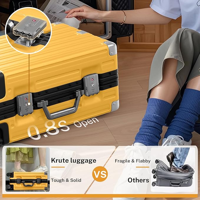 Krute Carry On Luggage 20 inch Aluminum Frame Luggage with Spinner Wheels Hardshell No Zipper PC+ABS TSA Lock Zipperless Suitcases