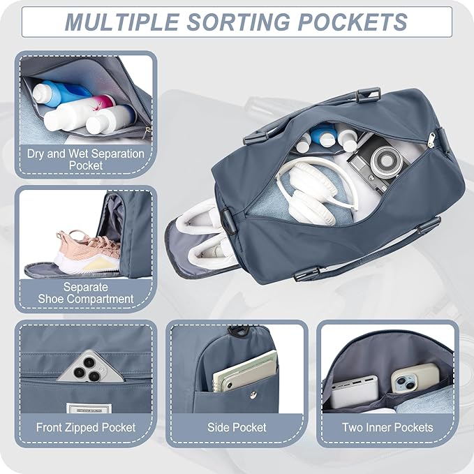 Weekender Duffel Bags for Women, Travel Totes Bag for Airplane, Cute Sports Gym Dance Overnight Luggage Bag with Wet Pocket Shoe Compartment, Carry On Hospital Bag for Labor and Delivery Haze blue