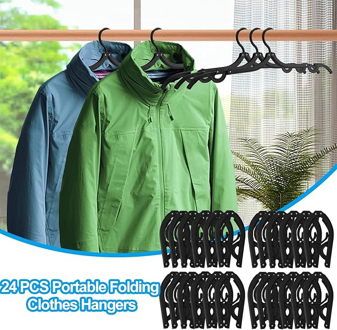 24 PCS Travel Hangers,Portable Folding Clothes Hangers Travel Accessories,Foldable Clothes Drying Rack,Clothes Hangers with Clotheslines,Black Non Slip Clothing Hangers