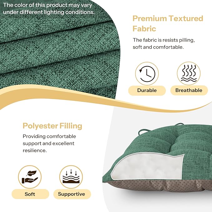 Chair Cushions for Dining Chairs Set of 4 Durable D-Shaped Seat Cushions with Non-Slip Backing Secure Ties Thick Cozy Seat Pad for Kitchen Dining Room Office(18x16.5x3in Green)