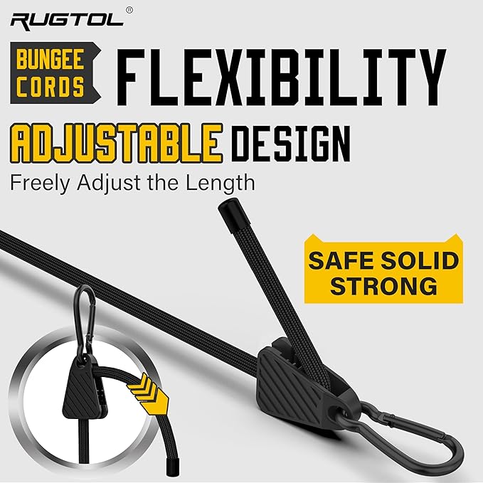 Rugtol Adjustable Bungee Cords with Hooks, 6 Pack Heavy Duty Outdoor Carabiner Bungee Cord, Black Super Elastic Bungee Straps Easily Adjust from 7" to 36", Great for Cargo, Camping, Bike Racks, Tents