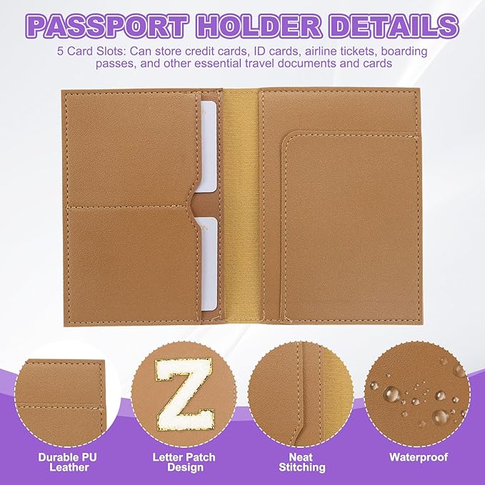 PATIKIL Passport Holder for Travel, Initial Passport Cover and Luggage Tag Set with Alphabet Chenille Letter Patch Travel Wallet Bag Suitcase Identifier for Women Family Travel Brown Z