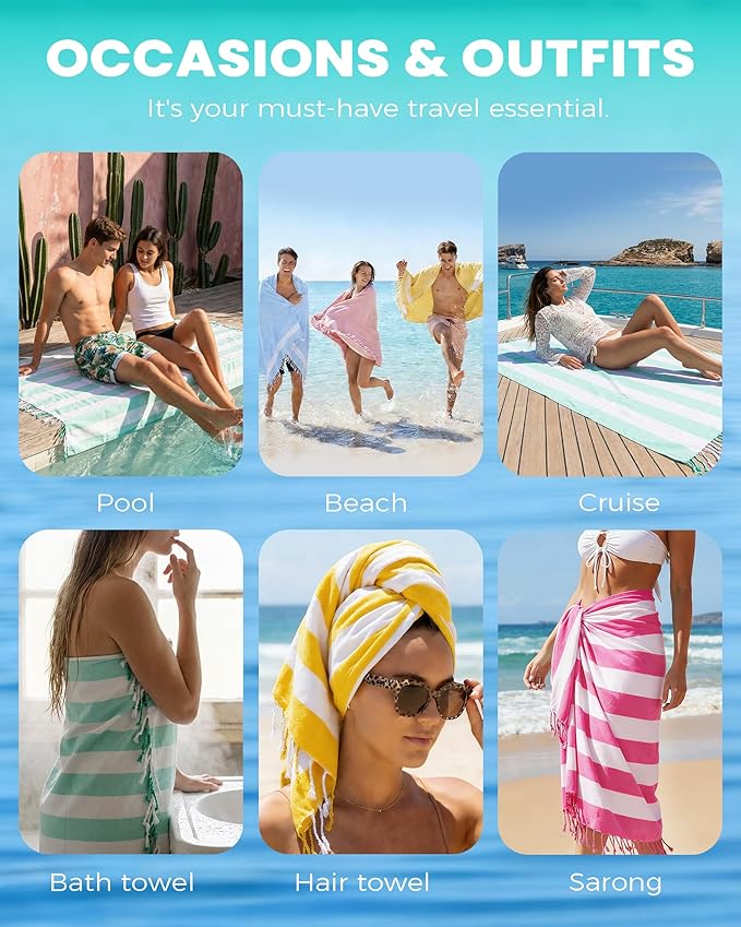 Antfuny 6 Packs Oversized Turkish Beach Towels Thin Quick Dry Sand Free Pool Swim Bath Towel Extra Large Blanket Adult Travel Essentials Accessories Must Haves Summer Vacation Dark Striped