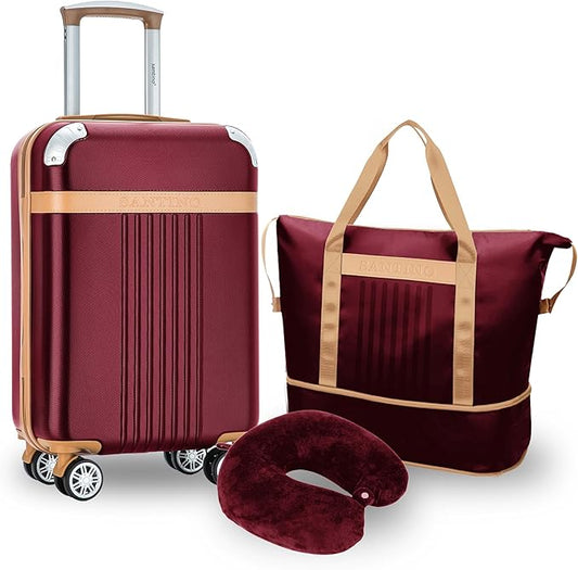 Santino Luggage Sets 3 Piece Carry On Luggage Set 20 Inch Hardshell & Lightweight PP Luggage Suitcase with Detachable Spinner Wheels & TSA Lock 20" Suitcase with Duffel & U-shaped pillow
