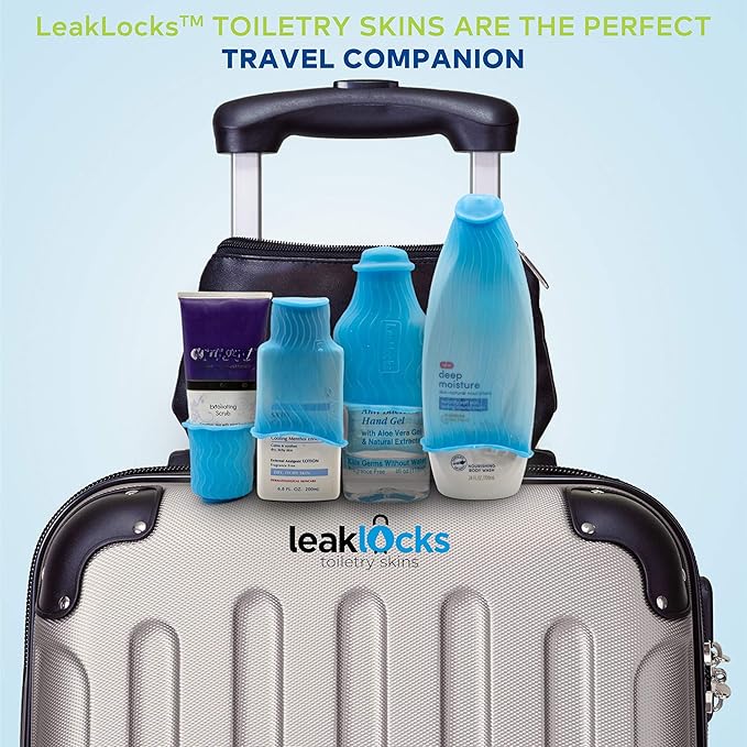 LeakLocks® Toiletry Skins 4-Pack w/Travel Bag. Elastic Sleeve for Leak-Proofing Travel Container in Luggage. Fits Standard/Travel Sized Toiletries. Reusable Accessory for Travel Bag Suitcase/Carry-on