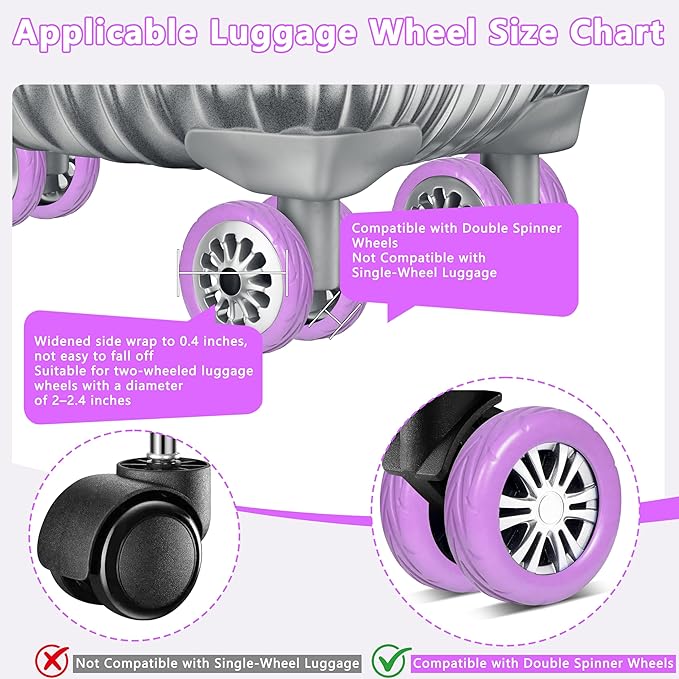 8 Pcs Upgraded Luggage Wheel Covers, Suitcase Protector, Wear-Resistant Anti-Noise Silicone Wheel Covers for 2-2.4” Spinner Wheels, Travel Accessories for Carry On Luggage (Purple, Small)