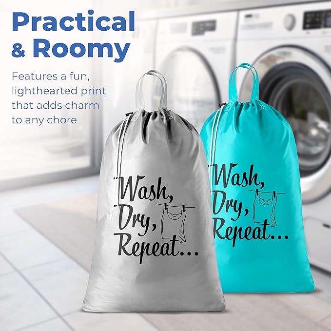 Extra Large Travel Laundry Bag - 2-Pack Fun Print Design Bags for Dirty Clothes - Durable Water-Resistant Fabric - Sturdy Drawstring Closure (Teal-Grey | Wash Dry Repeat)