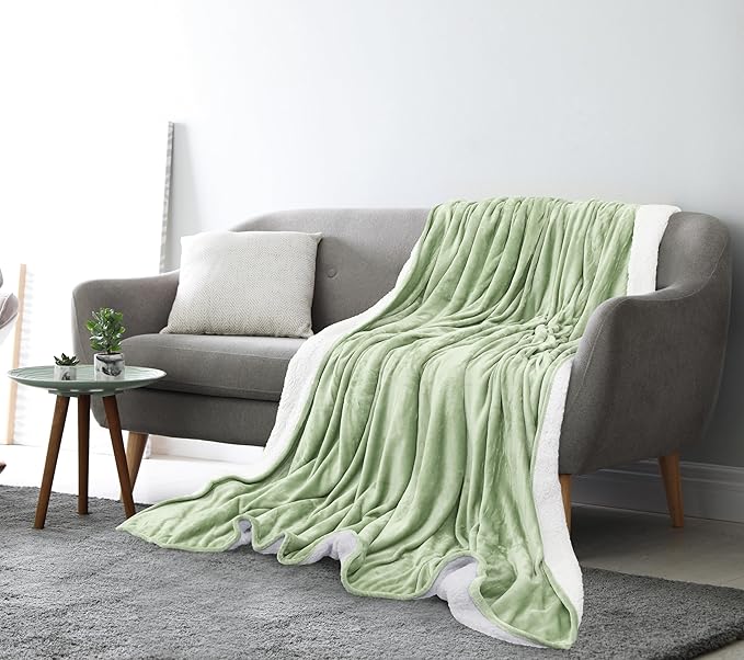 Utopia Bedding Sherpa Blanket Throw Size (Sage Green, 50x60 Inches) - Soft Lightweight Plush Fleece Reversible Blanket for Bed, Sofa, Couch, Camping and Travel