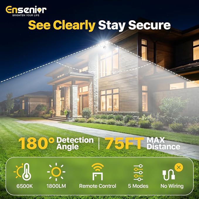 Ensenior 5 Motion Sensor Modes Solar Security Light, 1800LM 270° Wide Angle 3 Heads LED Flood Lights, IP65 Waterproof Wall Lights, Separate Solar Panel Remote Control Solar Lights Outdoor