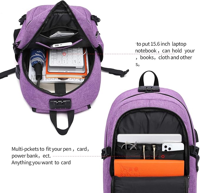 WENIG Laptop Backpack for Women,Business Backpack Anti-Theft Backpack with USB Charging Port and Lock 15.6 Inch Computer Backpacks for Women Men,Purple